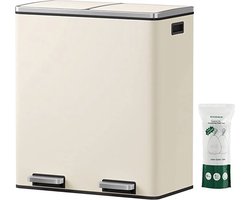 Hoppa! Dubbele vuilnisbak, 2 x 30 L keukenbak met twee compartimenten en 15 vuilniszakken, metalen pedaalemmer met plastic binnenemmers en deksels, softclose, geurafdichting, wolkwit