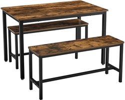 Hoppa! Eettafel Set | Vintage Bruin/Zwart | Industrieel Ontwerp | Tafel van 110 x 70 x 75 cm | 2 Banken van 79 x 30 x 50 cm (B x D x H)