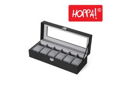 Hoppa! Horlogebox | 6 Sleuven | Glazen Deksel | Fluwelen Horlogekussens | Sluiting | Cadeau-Idee | Zwart Synthetisch Leer | Grijze Voering | 11,2 x 30 x 8 cm (LxBxH)