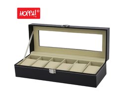 Hoppa! Horlogebox | 6 Sleuven | Glazen Deksel | Fluwelen Horlogekussens | Sluiting | Cadeau-Idee | Zwart Synthetisch Leer | Grijze Voering | 30 x 11 x 8 cm (LxBxH)