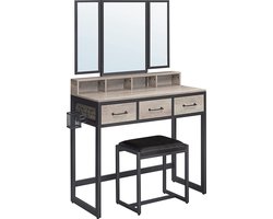Hoppa! kaptafel met 3-delige klapspiegel, Haardroger Houder, make up tafel met gestoffeerde kruk, 3 lades, greige-zwart