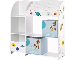 Hoppa! kinderkamerplank, speelgoed organizer, boekenkast voor kinderen, multifunctionele plank met 2 opbergboxen, stickers met ruimtemotieven, kinderkamer, slaapkamer, witte