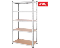 Hoppa! Magazijnstelling - Opbergrek, stellingkast, werkplaatskast, 100x50x200 cm (BxDxH), belastbaar tot 875 kg (175 kg per plank), 5 verstelbare legplanken, metalen legplank, legplank zonder bouten, zwaar rek, kelderrek voor zwaar gebruik - zilver