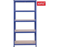 Hoppa! Magazijnstelling - Opbergrek, stellingkast, werkplaatskast, 80x40x160 cm (BxDxH), belastbaar tot 875 kg (175 kg per plank), 5 verstelbare legplanken, metalen legplank, legplank zonder bouten, zwaar rek, kelderrek voor zwaar gebruik - Blauw