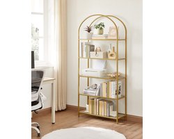 Hoppa! Planchet, boekenkast met 5 niveaus, staand rek van gehard glas, opslagplank, gewelfd, metalen structuur, voor woonkamer, slaapkamer, studeerkamer, badkamer, goudkleur