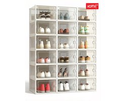 Hoppa! schoendozen, set van 18, opbergdozen voor schoenen, schoen organizer, plastic dozen, opvouwbaar en stapelbaar, voor schoenen tot maat 42, transparant wit
