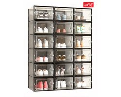 Hoppa! schoendozen, set van 18, opbergdozen voor schoenen, schoen organizer, plastic dozen, opvouwbaar en stapelbaar, voor schoenen tot maat 42, transparant zwart