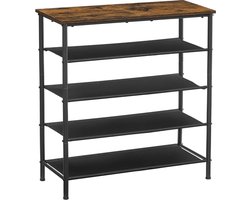 Hoppa! Schoenrek, 5 niveaus, schoenenrekken, smal, metalen frame, 4 legplanken van polyester stof, voor entree, hal, industrieel ontwerp, vintage bruin-zwart