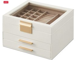 Hoppa! Sieradendoos | Juwelendoos met Glazen Deksel | Juwelendoos met 3 Niveaus | Juwelendoos met 2 Laden | Opbergdoos voor Juwelen | Geschenk voor Uw Geliefde | Valentijnscadeau voor Haar | Wit