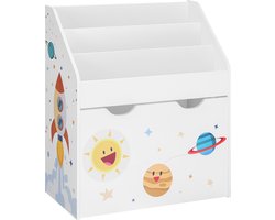 Hoppa! Speelgoedplank, boekenplank, boekenkast voor kinderen, kinderkamerplank met 3 vakken en uittrekbare speelgoeddoos met wielen, speelgoed organizer, kinderkamer, voor boeken, speelgoed, witte