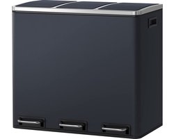 Hoppa! vuilnisemmer voor de keuken, 54 liter, afvalemmer, pedaalemmer met 3 vakken, binnenemmers en 6 stickers voor afvalscheiding, afvalscheidingssysteem, grijs-zwart