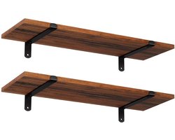 Hoppa! Wandplank | Set van 2 | 60 x 20 x 7 cm | Zwevende Plank | Decoratieve Planken | Vintage | Houtlook | Voor Slaapkamer | Woonkamer | Keuken | Hal | Elke Plank Belastbaar tot 15 kg | MDF Bruin-Zwart