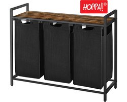 Hoppa! Wasmand - 3 Vakken - Vintage Bruin-Zwart - Inclusief Uitschuifbare Waszakken - 92,5 x 33 x 72 cm (B x D x H)