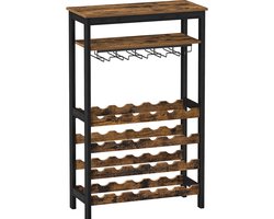 Hoppa! Wijnrek, voor 24 wijnflessen, vrijstaand, flessenrek met glashouders, voor keuken, bar, eetkamer, vintage bruin-zwart