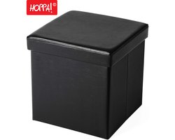 Hoppa! Zitbank - zitkist - zitpoef - voetenbank - hocker met opbergruimte en deksel - Zwart - MDF - 39 x 39 x 39 cm (L x D x H)