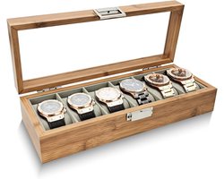 Horloge opbergdoos - Bruin - 31,2 x 12 x 7,5 cm - Hout met Flanellen Binnenzijde - Voor 6 Horloges