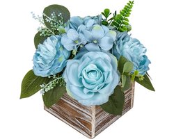 Hortensia kunstbloemen in houten vaas, kunstbloemen in pot, kunstpotbloemen, rozen, pioenrozen, hortensia's, tafelopzetstukken voor tafeldecoratie, woonkamer, binnen, thuis, badkamer