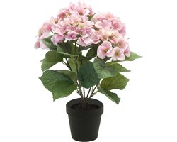 Hortensia kunstplant/kunstbloemen 40 cm - roze - in pot wit glans - Kunst kamerplant