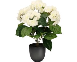 Hortensia kunstplant/kunstbloemen 40 cm - wit - in pot mat zwart - Kunst kamerplant