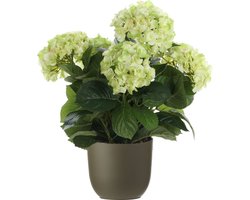 Hortensia kunstplant/kunstbloemen 45 cm - groen - in pot olijfgroen mat - Kunst kamerplant