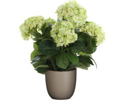 Hortensia kunstplant/kunstbloemen 45 cm - groen - in pot taupe mat - Kunst kamerplant