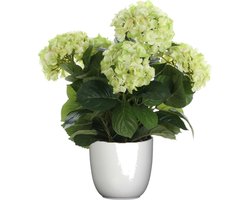 Hortensia kunstplant/kunstbloemen 45 cm - groen - in pot wit - Kunst kamerplant