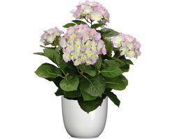 Hortensia kunstplant/kunstbloemen 45 cm - paars/groen - in pot wit glans - Kunst kamerplant