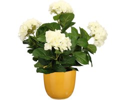 Hortensia kunstplant/kunstbloemen 45 cm - wit - in pot okergeel glans - Kunst kamerplant