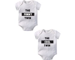 Hospitrix Baby Rompertje Tweeling met Tekst "The Funny - The Cool" | 0-3 maanden | maat 50/56 | Korte Mouw |Tweeling Cadeau| Kraamkado | Cadeau voor Zwangerschap | Bekendmaking | Aankondiging | Aanstaande Moeder | Moederdag