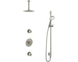 Hotbath Buddy - Inbouw Regendoucheset - 2 Stopkranen - Thermostatisch - Plafondbuis 15 cm - Hoofddouche 200 mm - Ronde Handdouche 3 Standen - Glijstang 900 mm - Waterbesparend - V02