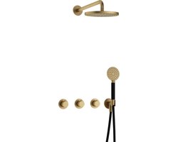 Hotbath Cobber - CB7067 - Inbouw Regendoucheset - Geborsteld Messing - 2 Stopkranen - Thermostatisch - Wandarm 40 cm - Hoofddouche 200 mm - Ronde Handdouche 3 Standen - Waterbesparend