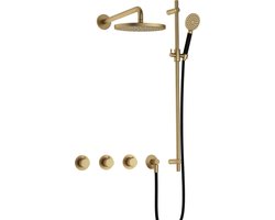 Hotbath Cobber - CB7067 - Inbouw Regendoucheset - Geborsteld Messing - 2 Stopkranen - Thermostatisch - Wandarm 40 cm - Hoofddouche 200 mm - Ronde Handdouche 3 Standen - Glijstang 900 mm - Waterbesparend
