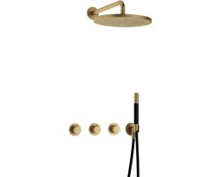 Hotbath Cobber - CB7067 - Inbouw Regendoucheset - Geborsteld Messing - 2 Stopkranen - Thermostatisch - Wandarm 40 cm - Hoofddouche 300 mm - Staafhanddouche - met M106 - Waterbesparend