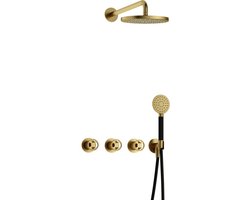 Hotbath Cobber - CB7067 - Inbouw Regendoucheset - Geborsteld Messing PVD - 2 Stopkranen - Thermostatisch - Wandarm 40 cm - Hoofddouche 200 mm - Ronde Handdouche 3 Standen - Waterbesparend