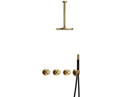 Hotbath Cobber - CW7067 - Inbouw Regendoucheset - Geborsteld Messing PVD - 2 Stopkranen - Thermostatisch - Plafondbuis 30 cm - Hoofddouche 200 mm - Ronde Handdouche - Waterbesparend