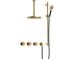 Hotbath Cobber - CW7067 - Inbouw Regendoucheset - Geborsteld Messing PVD - 2 Stopkranen - Thermostatisch - Plafondbuis 30 cm - Hoofddouche 300 mm - Ronde Handdouche 3 Standen - Glijstang 900 mm - met M106 - Waterbesparend