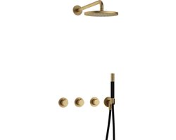 Hotbath Cobber - Inbouw Regendoucheset - Geborsteld Messing - 2 Stopkranen - Thermostatisch - Wandarm 40 cm - Hoofddouche 200 mm - Staafhanddouche - Waterbesparend
