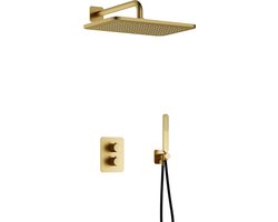Hotbath Gal - GL106 - Inbouw Regendoucheset - Geborsteld Messing PVD - Thermostatisch - Wandarm 35 cm - Hoofddouche 270x400 mm - Staafhanddouche - met GL106 - met 2-Weg Stop-Omstel