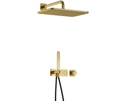 Hotbath Gal - GL106 - Inbouw Regendoucheset - Geborsteld Messing PVD - Thermostatisch - Wandarm 35 cm - Hoofddouche 270x400 mm - Staafhanddouche - met GL106