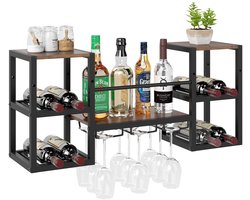 House of Balance Wand Wijnrek - Wijnrek aan muur - Voor 8 flessen en 6-9 glazen - Met glashouder - Industrieel - Wandwijnrek