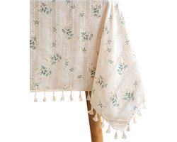 House of Husk Geweven Tafelkleed - Tafellaken - Tafel Decoratie - Uitwasbaar - Creme Groen Gebloemd- 140x240cm