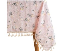 House of Husk Geweven Tafelkleed - Tafellaken - Tafel Decoratie - Uitwasbaar - Creme Groen Gebloemd- 140x240cm - Roze