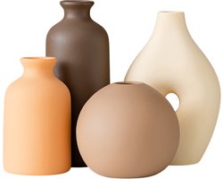 House of Husk Keramieke Vazen Set Klein - 4 Stuks - Bloemenvaas - Mini Stoneware Vaasjes - Decoratieve Woonaccessoires - Bruin