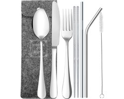 House of Husk Reisbestek - Reis Bestekset - Chopsticks - Metalen Rietjes met borstel - Lepel - Vaatwasserbestendig - RVS - 7 Delig - Zilver
