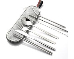 House of Husk Reisbestek - Reis Bestekset - Chopsticks - Metalen Rietjes met borstel - Lepel - Vaatwasserbestendig - RVS - 7 Delig - Zilver