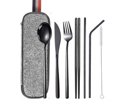 House of Husk Reisbestek - Reis Bestekset - Chopsticks - Metalen Rietjes met borstel - Lepel - Vaatwasserbestendig - RVS - 7 Delig - Zwart