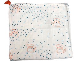 House of India Hydrofiele Doek XL - Ster & Theepot - Blauw - Met mutsje. Bio cotton | Inbakerdoek | Hydrofiele doek | Hydrofiele luier | Gratis verzending