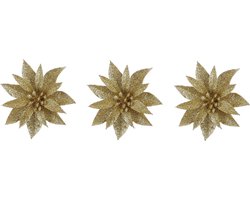 House of Seasons Decoratie bloemen op clip - 3x stuks - goud - kunststof