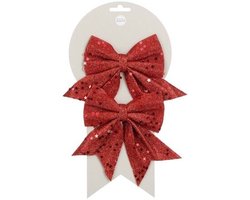 House of Seasons Decoratie strikken - 2x st - rood met glitter - 12 x 13 cm - strikjes