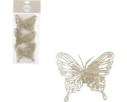 House of Seasons decoratie vlinders op clip - 3x stuks - champagne - 10 cm
